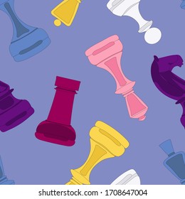 Vector seamless pattern with colorful chess pieces isolated on violet background. Cute hand drawn repeat texture with chess king, queen, rook, bishop, knight, pawn. Design for textile, fabric and ets.