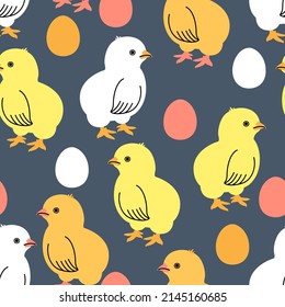 Vector seamless pattern with colorful chickens and eggs on a dark background