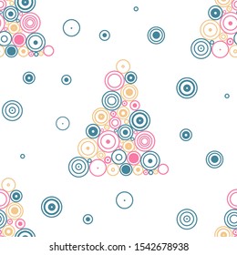 Vector seamless pattern with colorful christmas tree and and circles on white isolated background. Winter background for wallpaper, fabric, prints, cards, packaging. 