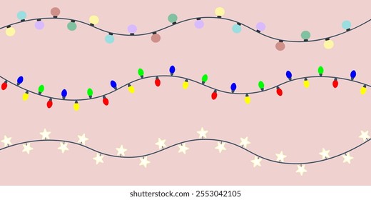 Patrón sin fisuras de Vector con luces de Navidades de colores y guirnaldas de estrellas sobre un fondo rosa suave. Un diseño festivo perfecto para envolver papel, invitaciones o decoraciones navideñas.