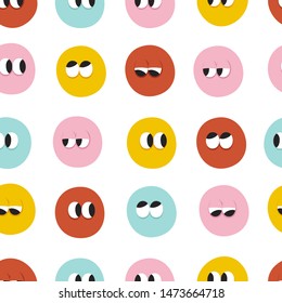 Vector seamless pattern. Colorful circles with cartoon eyes, looking in different directions.