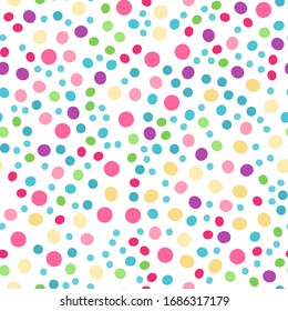 Vector seamless pattern with colorful circles. Great for fabrics, baby clothes, wrapping papers, covers. Hand drawn illustration on white background.
