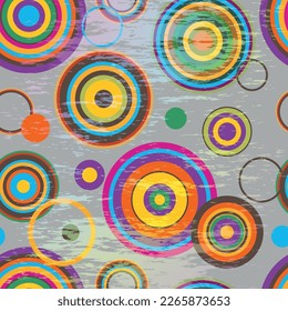 Vector seamless pattern with colorful circles and rings on a grunge gray background in retro style