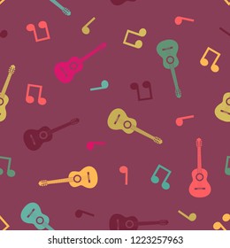 Vector seamless pattern of colorful classical acoustic guitars and music notes.