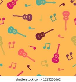 Vector seamless pattern of colorful classical acoustic guitars and music notes.