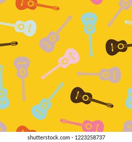 Vector seamless pattern of colorful classical acoustic guitars and music notes.