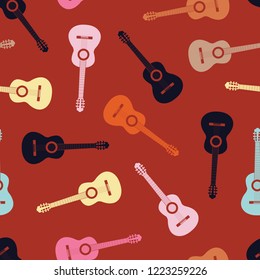 Vector seamless pattern of colorful classical acoustic guitars and music notes.
