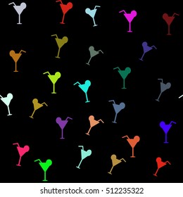 Vector seamless pattern with colorful cocktails on black background