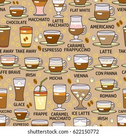 Vector seamless pattern of  colorful coffee beverage icon on light  background. Coffee flat design vector illustration.