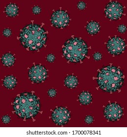 Vector sin fisuras con coronavirus colorido (covid-19). Dibujo del doodle dibujado a mano.