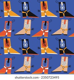 Vector seamless pattern with colorful cowboy boots on blue background. Design for fabric and paper, surface textures.