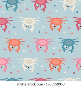 Vector seamless pattern with colorful crabs on blue background. Print for fabric, wrapping papers, wallpapers, fabric, covers, scrapbooking. Great for baby clothes.