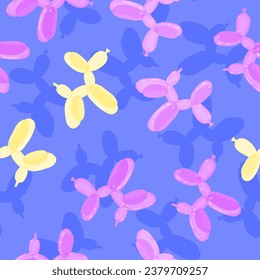 Vector seamless pattern with colorful cute balloon puppies on blue background.