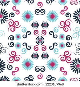 Vector seamless pattern  of colorful daisies with ornamental symmetrical elements on pink background.. Perfect for fashion, decoration and wallpaper projects.