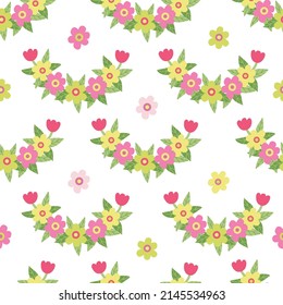 Vector seamless pattern with colorful daisy and tulip flowers. Great for fabric, wrapping papers, Easter design. Hand drawn flat illustration on white background.	