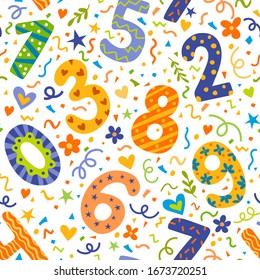 Vector seamless pattern of colorful decorated digits, numbers. Can be printed and used as wrapping paper, wallpaper, textile, fabric, Birthday, anniversary, special date celebration template, etc.