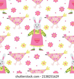 Vector seamless pattern with colorful decorative hens and bunny girls. Great for fabric, wrapping papers, Easter design. Hand drawn flat  illustration on white background.