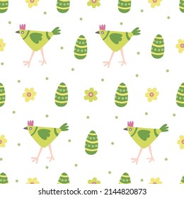 Vektornahtloses Muster mit bunten, dekorativen grünen Hühnern, Eiern und Kamillenblumen. Ideal für Stoff, Wickelpapier, Osterdesign. Handgezeichnet, flache Illustration auf weißem Hintergrund.