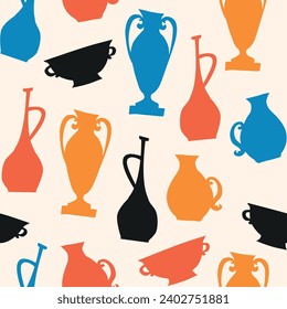 Vector seamless pattern with colorful decorative ancient vases on a light background. Pattern for textiles, interior and antiques store banners. 