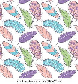 Vector seamless pattern with colorful decorative bird feathers