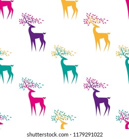 Vector seamless pattern colorful deer on a white  background with the leaves on the horns.