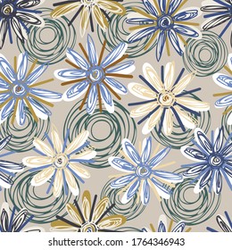 Vector seamless pattern colorful design of hand-drawn sketched flower doodles on purple background. The design is perfect for backgrounds, textiles, wrapping paper, wallpaper, decorations and surfaces