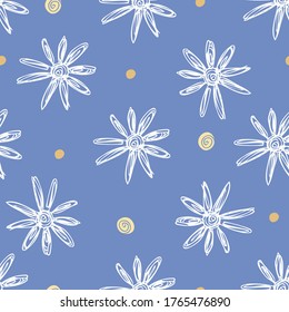 Vector seamless pattern colorful design of hand-drawn camomile flower doodles on blue background. The design is perfect for backgrounds, textiles, wrapping paper, wallpaper, decorations and surfaces
