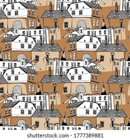 Vector seamless pattern colorful design of Old Town Tallinn. Graphic decorative illustration of medieval city. The design is perfect for stickers, home decorations, textiles, cards, wallpaper