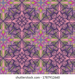 Vector seamless pattern colorful design of leaf doodles in lines on dark purple