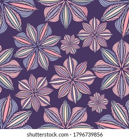 Vector seamless pattern colorful design of quadratic flowers doodles in lines