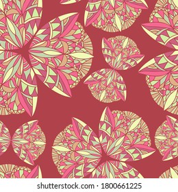 Vector seamless pattern colorful design of abstract ornaments of flowers on red background. The design is perfect for backgrounds, textiles, wrapping paper, wallpaper, decorations and surfaces