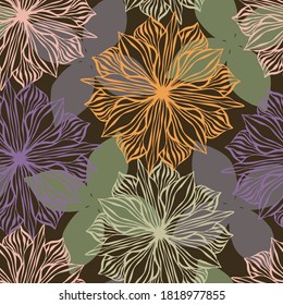 Vector seamless pattern colorful design of ornamental lined floral shapes on dark background. The design is perfect for backgrounds, textiles, wrapping paper, wallpaper, decorations and surfaces