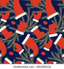 Vector seamless pattern colorful design with decorative Christmas tree branch, stockings, mitten and hat. The design is perfect for textiles, decorations, backgrounds, wrapping paper, advertisements