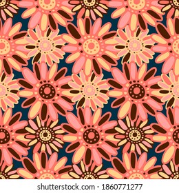 Vector seamless pattern colorful design of hand-drawn flower camomile in red tones.. The design is perfect for backgrounds, textiles, wrapping paper, wallpaper, decorations and surfaces