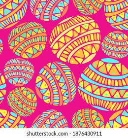 Vector seamless pattern colorful design of abstract ornamental balls circles on bright pink background. The design is perfect for backgrounds, textiles, wrapping paper, wallpaper, decorations