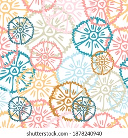 Vector seamless pattern colorful design of hand-drawn abstract lined flowers in pastel tones. The design is perfect for backgrounds, textiles, wrapping paper, wallpaper, decorations and surfaces