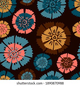 Vector seamless pattern colorful design of bright hand-drawn flowers on dark background. The design is perfect for backgrounds, textiles, wrapping paper, wallpaper, decorations and surfaces