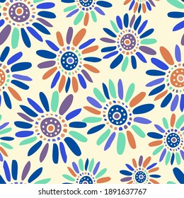 El vector presenta un diseño colorido sin fisuras de flores dibujadas a mano en tonos pastel. El diseño es perfecto para telas de fondo, textiles, papel de envoltura, papel pintado, decoraciones y superficies