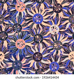 Vector seamless vector pattern colorful design of bright hand-drawn flowers in pink and blue. The design is perfect for backgrounds, textiles, wrapping paper, wallpaper, decorations and surfaces