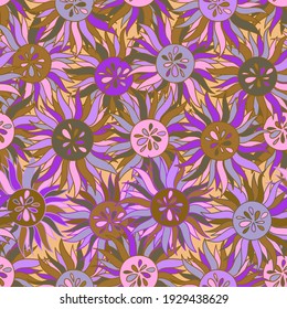 Vector seamless vector pattern colorful design bright hand-drawn flowers in pastel purple tones. The design is perfect for backgrounds, textiles, wrapping paper, wallpaper, decorations and surfaces