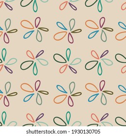 Vector seamless pattern colorful design of bright hand-drawn lined flowers in pastel tones. The design is perfect for backgrounds, textiles, wrapping paper, wallpaper, decorations and surfaces
