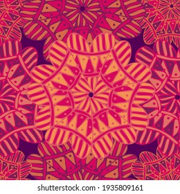 Vector seamless vector pattern colorful design bright geometric floral shapes in red tones. The design is perfect for backgrounds, textiles, wrapping paper, wallpaper, decorations and surfaces