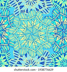 Vector seamless vector pattern colorful design bright geometric floral shapes in blue tones. The design is perfect for backgrounds, textiles, wrapping paper, wallpaper, decorations and surfaces