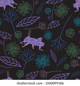 Vector seamless pattern colorful design of abstract lined night flowers and grass in dark tones. The design is perfect for backgrounds, textiles, wrapping paper, wallpaper, decorations and surfaces