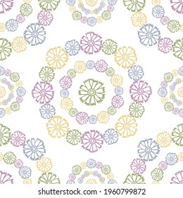 Vector seamless pattern colorful design of bright hand-drawn flowers in circles in pastel tones. The design is perfect for backgrounds, textiles, wrapping paper, wallpaper, decorations and surfaces