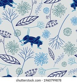 Vector seamless pattern colorful design of abstract lined flowers and grass in pastel blue tones. The design is perfect for backgrounds, textiles, wrapping paper, wallpaper, decorations and surfaces