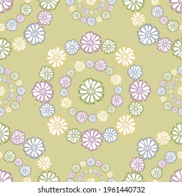 Vector seamless pattern colorful design of bright hand-drawn flowers in circles in pastel tones. The design is perfect for backgrounds, textiles, wrapping paper, wallpaper, decorations and surfaces