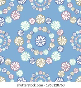 Vector seamless pattern colorful design of bright hand-drawn flowers in circles in pastel tones. The design is perfect for backgrounds, textiles, wrapping paper, wallpaper, decorations and surfaces