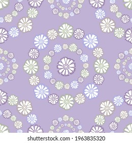 Vector seamless pattern colorful design of bright hand-drawn flowers in circles in pastel tones. The design is perfect for backgrounds, textiles, wrapping paper, wallpaper, decorations and surfaces
