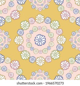 Vector seamless pattern colorful design of bright hand-drawn flowers in circles in pastel tones. The design is perfect for backgrounds, textiles, wrapping paper, wallpaper, decorations and surfaces